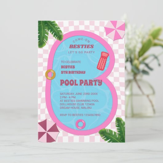 Piscine à poupées rose Retro Invitation de fête d' (Debout devant)