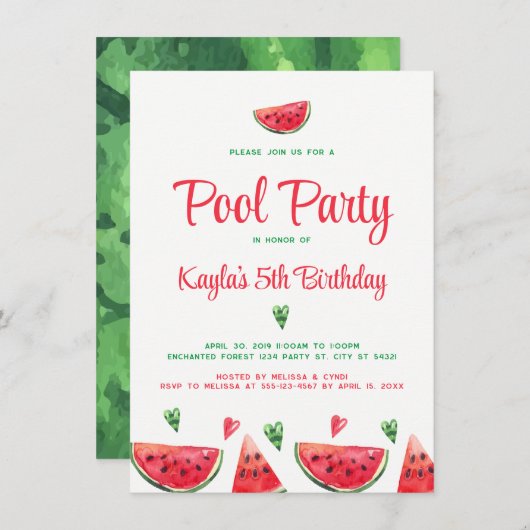 Piscine de pastèque Invitations d'anniversaire (Devant / Derrière)