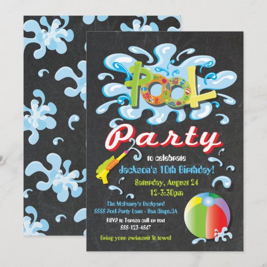 Piscine d'eau fêter les invitations d'anniversaire (Devant / Derrière)