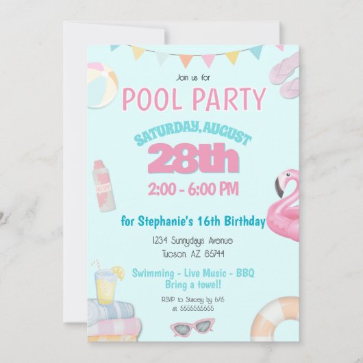 Piscine d'été Pastel Girls Invitation de fête d'an (Devant)