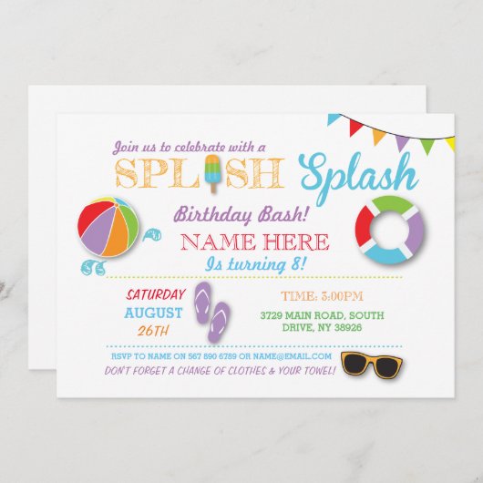 Piscine Fête Naissance Splish Splash Invitation (Devant / Derrière)