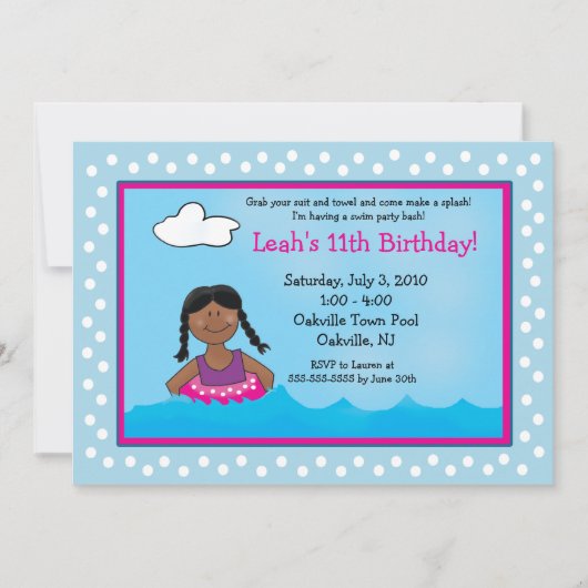 PISCINE Fille à peau foncée 5x7 Invitations d'anni (Devant)