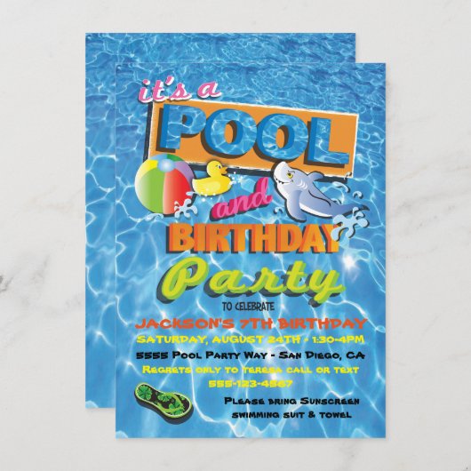 Piscine Invitations de fête d'anniversaire avec de (Devant / Derrière)