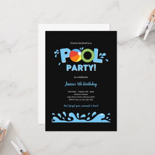 PISCINE NOIRE ET BLEU ANNIVERSAIRE INVITATION (Devant/Arrière en situation)