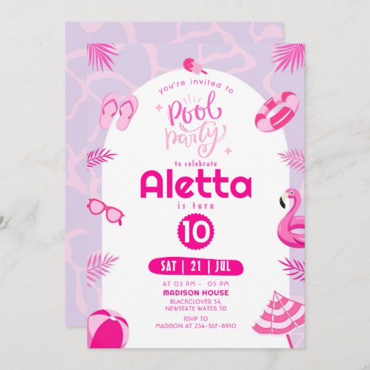 Piscine Party Pink Editable Invitation d'anniversa (Devant / Derrière)
