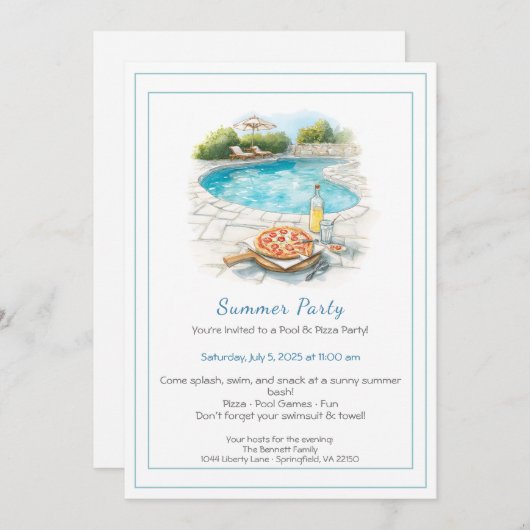Piscine & Pizza Summer Party Invitation (Devant / Derrière)