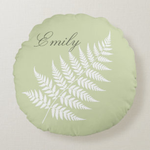 Pistache Groen Witte Varens Flowing Script Naam Rond Kussen
