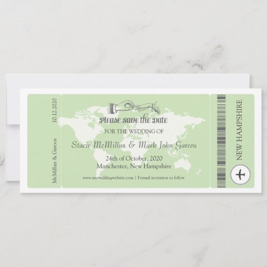 Pistachio Green Boarding Pass Save the Date (Voorkant)