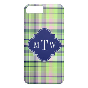 Pistachio Pink Navy Wht Preppy Madras Monogram iPhone 8 Plus / 7 Plus Hoesje