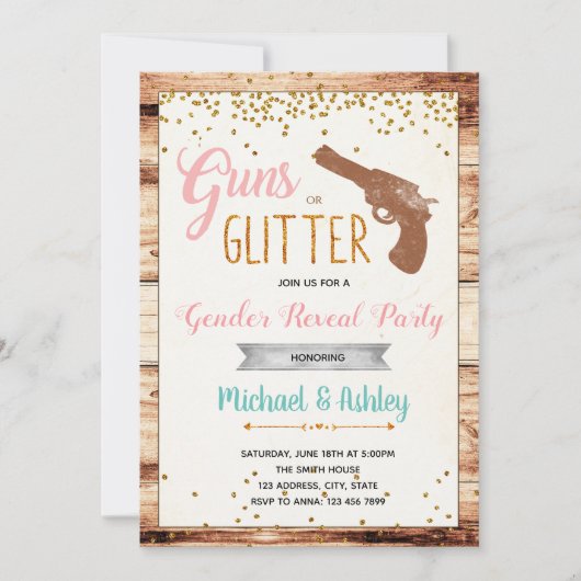 Pistolen of glitter gender onthullen uitnodiging (Voorkant)