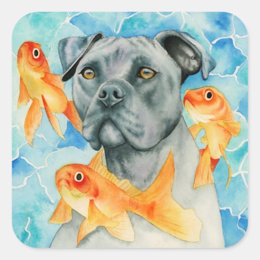 Pit Bull Dog Fantasy Waterverf Vierkante Sticker (Voorkant)