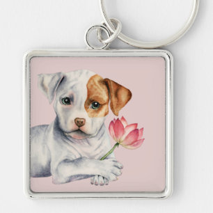 Pit Bull Dog Holding Roze verf Sleutelhanger