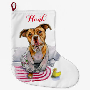 Pit Bull Dog in Bathrobe Waterverf op maat Grote Kerstsok