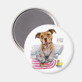 Pit Bull Dog in Bathrobe Waterverf Schilderen Magneet (Voorkant / Achterkant)