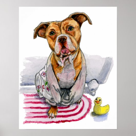 Pit Bull Dog in Bathrobe Waterverf Schilderen Poster (Voorkant)
