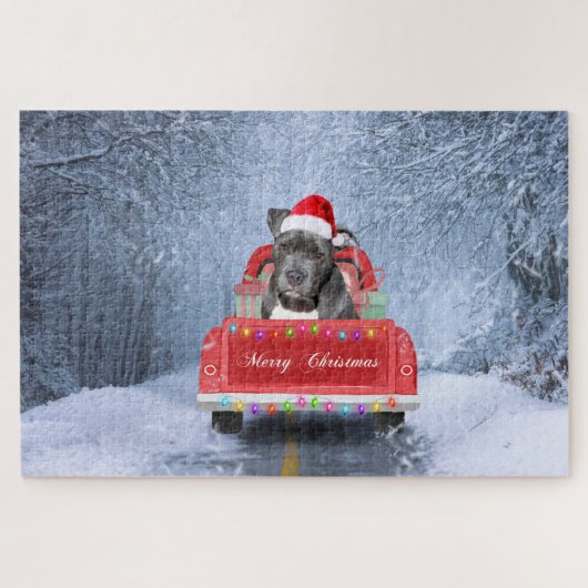 Pit Bull Dog in Snow, zittend met Kerstmis Legpuzzel (Horizontaal)