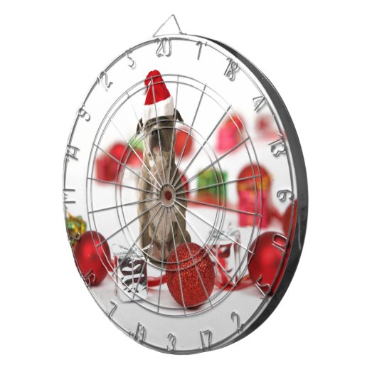 Pit Bull Dog met cadeaudoos en kerstversieringen Dartbord (Voorkant Rechts)