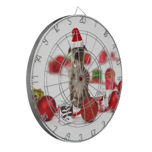 Pit Bull Dog met cadeaudoos en kerstversieringen Dartbord (Voorkant Links)