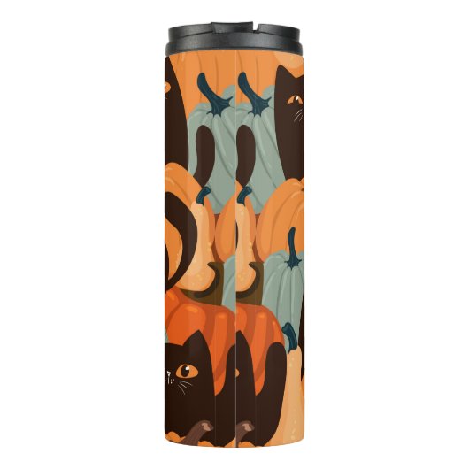 Pit naadloos patroon met zwarte katten en pompoene thermosbeker (Achterkant)