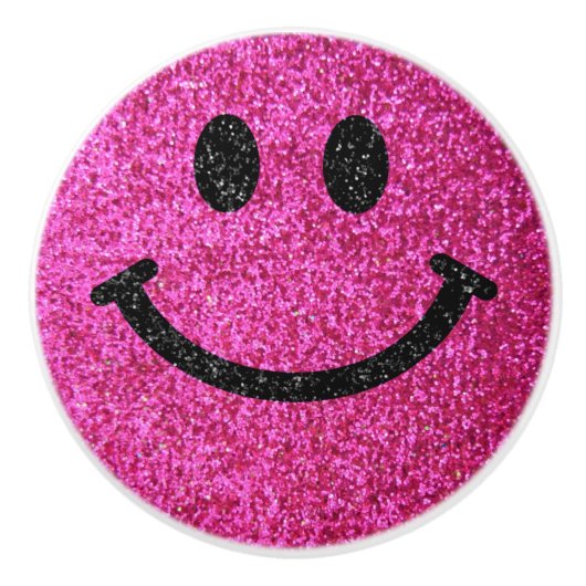Pit-roze faux glitter Happy face Keramische Knop (Voorkant)