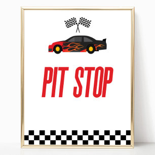 Pit Stop Red Flame Race Auto Party Tafelbord Poster