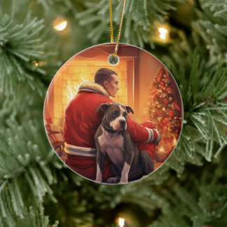 Pitbull Brandweerman Kerst, Cadeau voor Hondenlief Keramisch Ornament