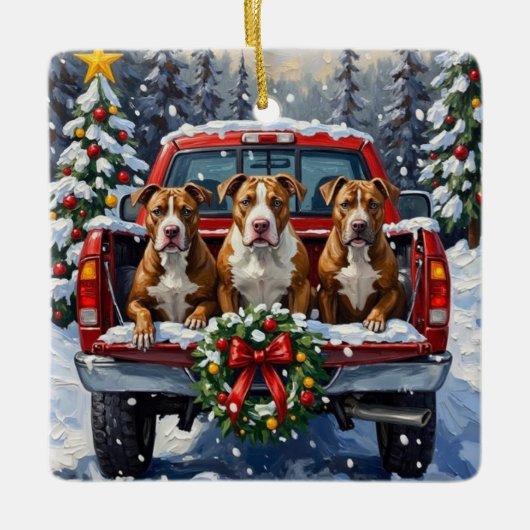 Pitbull Christmas Red Truck Holiday Keramisch Ornament (Voorkant)