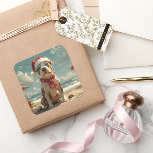 Pitbull Dog Christmas  Beach Vierkante Sticker (Geschenken)