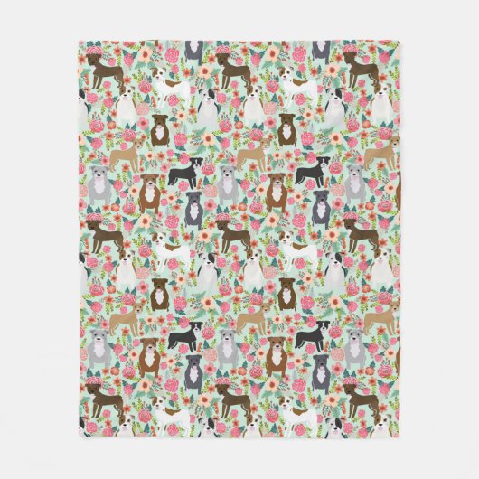 Pitbull Dog Florals Fleece Deken (Voorkant)