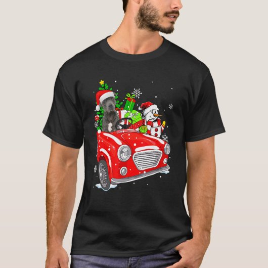 Pitbull Dog Santa Hat Red Car Christmas T-shirt (Voorkant)