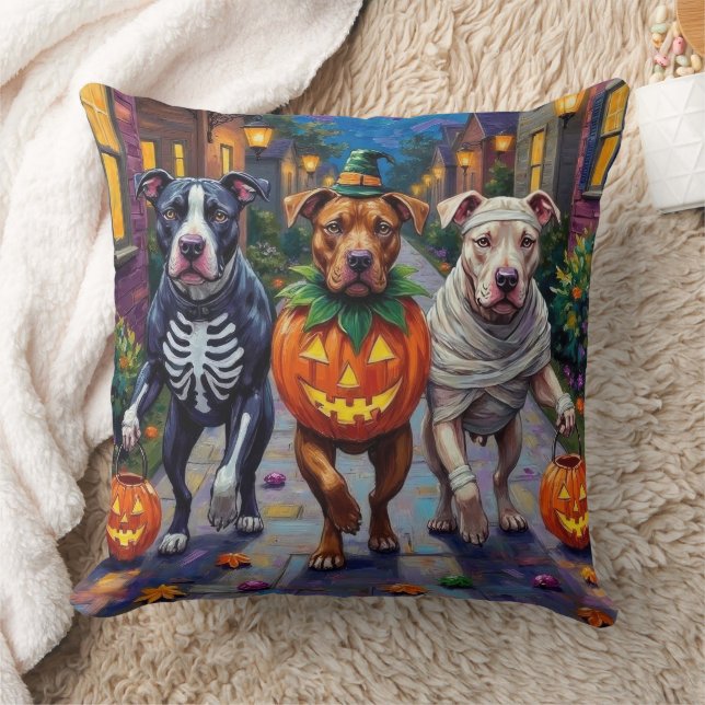 Pitbull Dogs Trick-or-Treating Halloween kostuums Kussen (Deken)