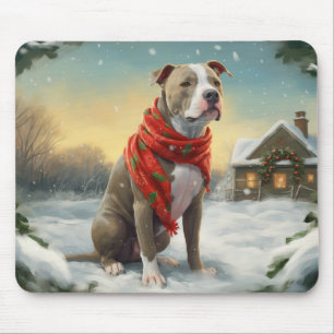 Pitbull-hond in de sneeuw met Kerstmis Muismat