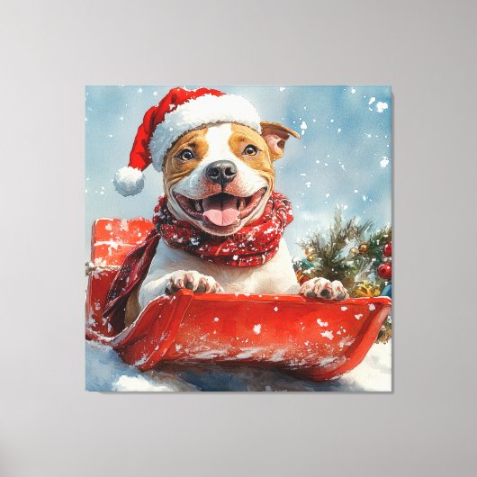 Pitbull Hond in Sledge Laat het Sneeuw Kerstmis Canvas Afdruk (Voorkant)