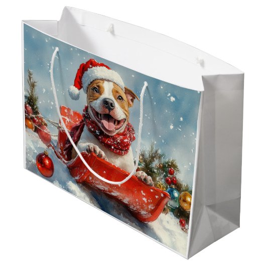 Pitbull Hond in Sledge Laat het Sneeuw Kerstmis Groot Cadeauzakje (Achterkant Gekanteld)