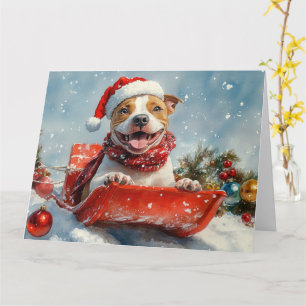 Pitbull Hond in Sledge Laat het Sneeuw Kerstmis Kaart