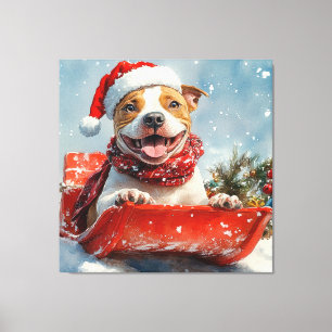 Pitbull-hond in slee Laat het sneeuwen Kerstmis Canvas Afdruk