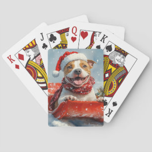 Pitbull-hond in slee Laat het sneeuwen Kerstmis Pokerkaarten