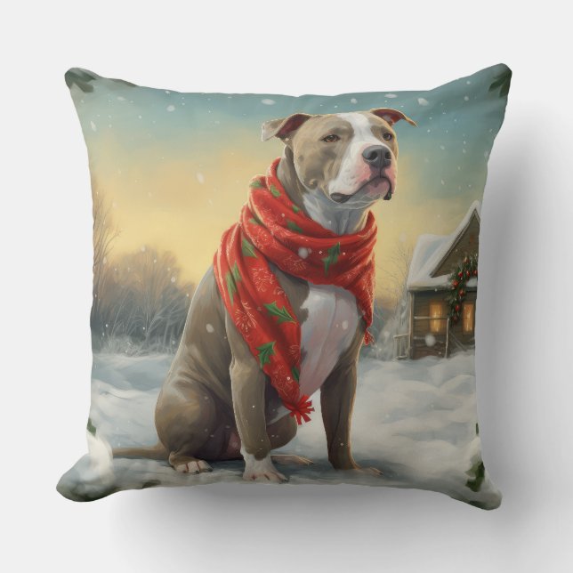 Pitbull Hond in Sneeuw Kerstmis Kussen (Voorkant)