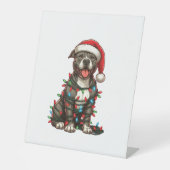 Pitbull Hond Kerstverlichting Kerstman Hoed Kersts Reclamebord Met Voetstuk (Voorkant)