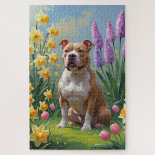 Pitbull-hond lente bloemen schilderij legpuzzel