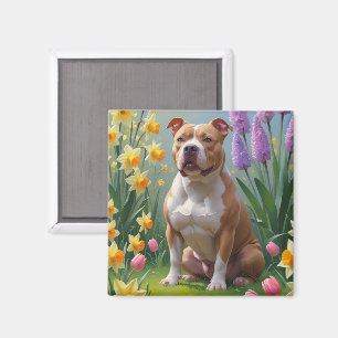 Pitbull-hond lente bloemen schilderij magneet