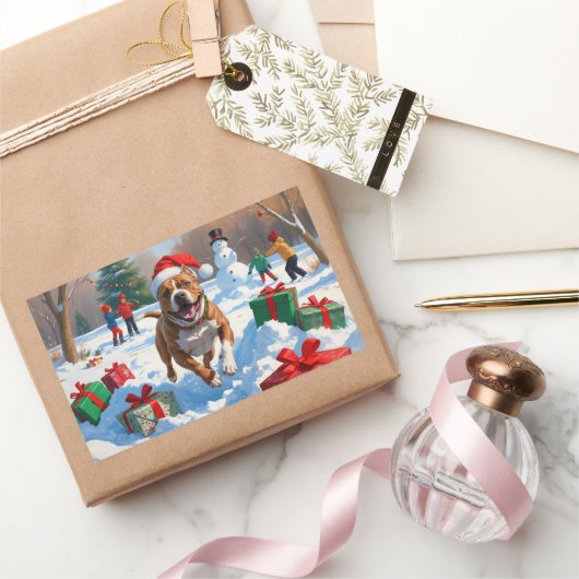 Pitbull hond loopt in de sneeuw met kerst Pet Rechthoekige Sticker (Geschenken)