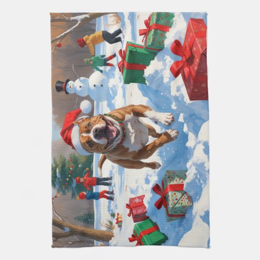 Pitbull hond loopt in de sneeuw met kerst Pet Theedoek (Verticaal)