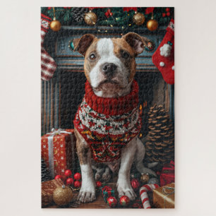 Pitbull-hond met kerstcadeaus bij de open haard legpuzzel