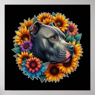 Pitbull hond omgeven door levendige zonnebloemen poster
