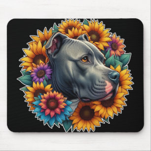 Pitbull-hond omringd door levendige zonnebloemen muismat