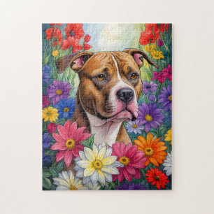 Pitbull in de bloementuin legpuzzel