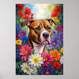 Pitbull in de bloementuin poster