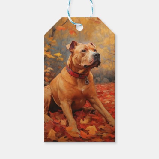 Pitbull in de herfst laat Herfst inspireren Cadeaulabel (Voorkant)