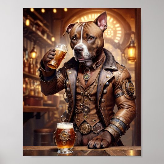 Pitbull in steampunk jurk drink bier in een pub poster (Voorkant)